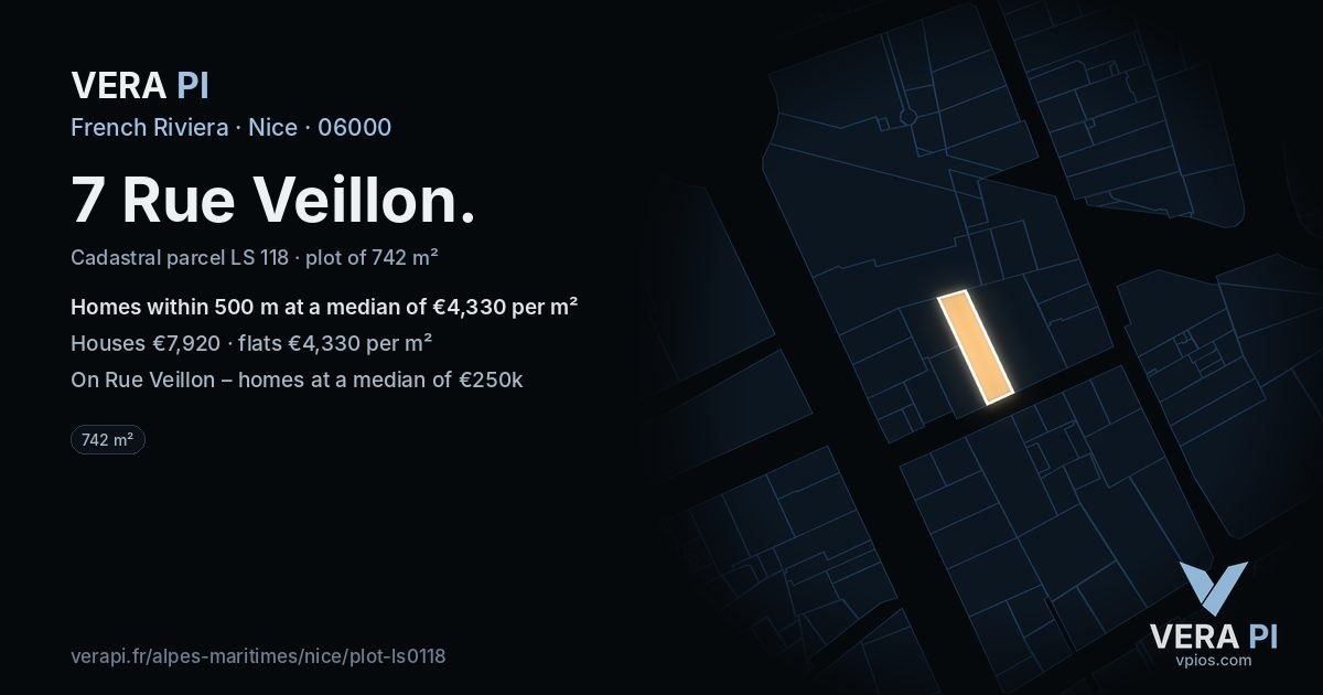 7 Rue Veillon, Nice at night – the plot lit, the parcels around coloured by the prices near them