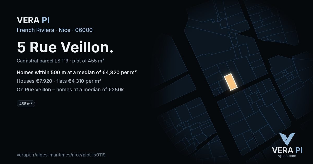 5 Rue Veillon, Nice at night – the plot lit, the parcels around coloured by the prices near them