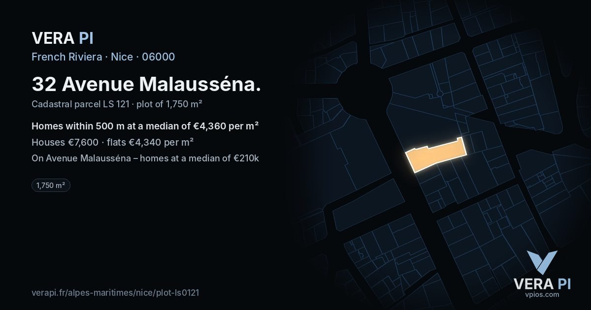 32 Avenue Malausséna, Nice at night – the plot lit, the parcels around coloured by the prices near them