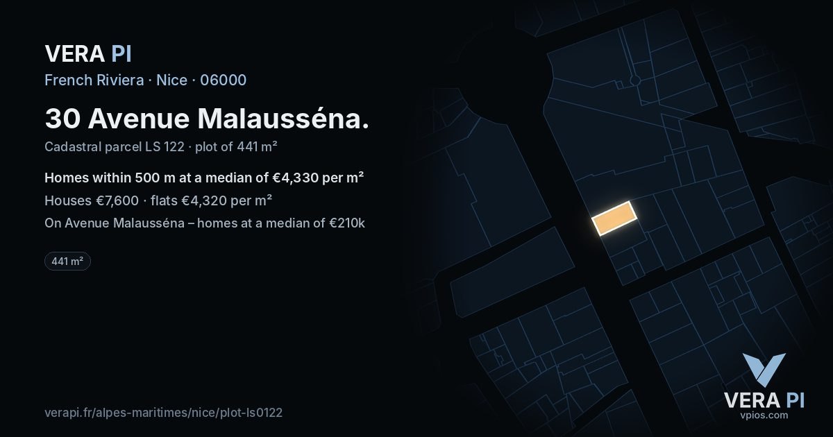 30 Avenue Malausséna, Nice at night – the plot lit, the parcels around coloured by the prices near them