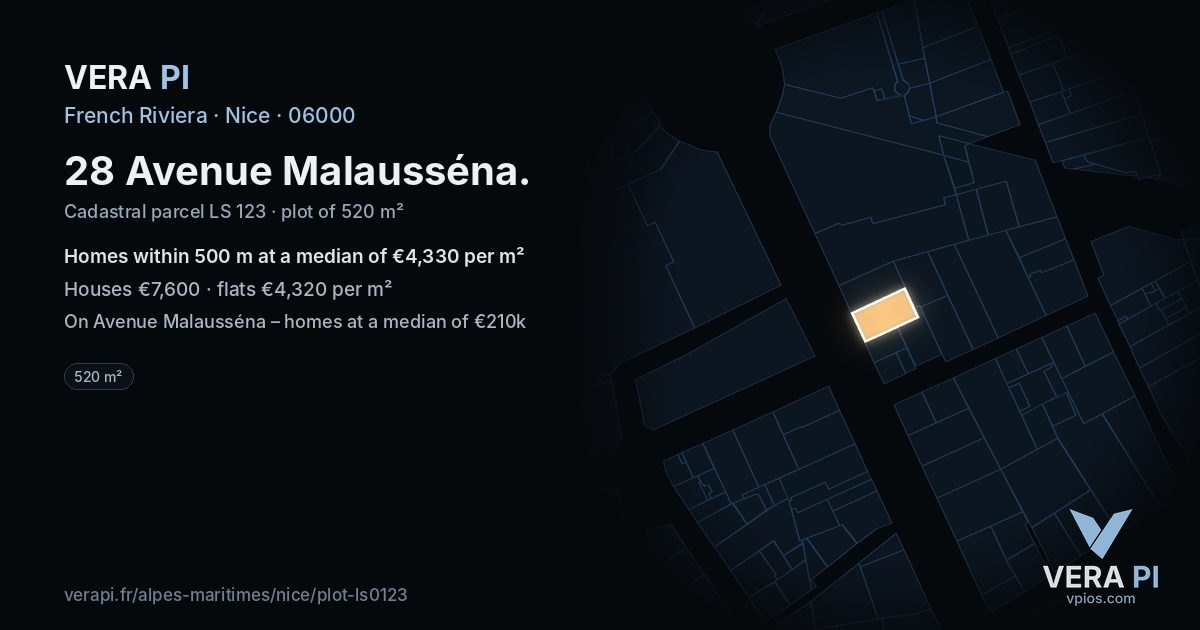 28 Avenue Malausséna, Nice at night – the plot lit, the parcels around coloured by the prices near them