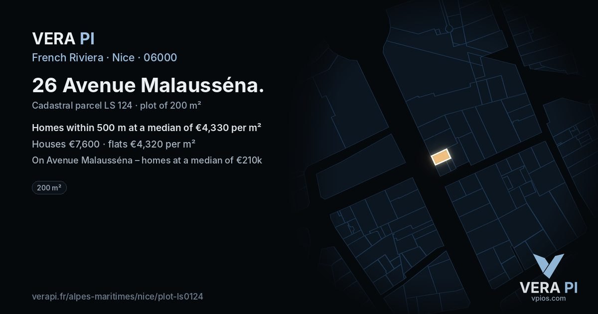 26 Avenue Malausséna, Nice at night – the plot lit, the parcels around coloured by the prices near them