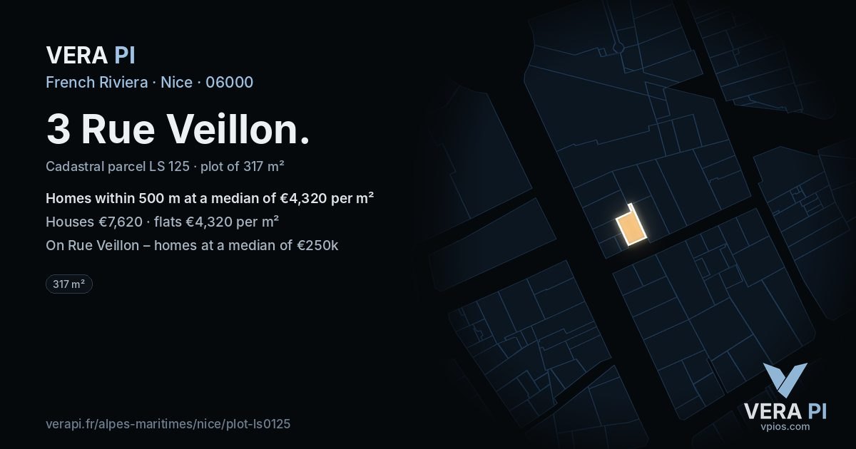 3 Rue Veillon, Nice at night – the plot lit, the parcels around coloured by the prices near them
