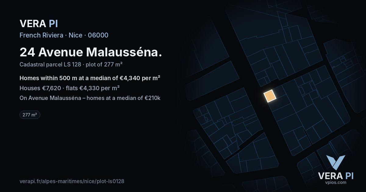 24 Avenue Malausséna, Nice at night – the plot lit, the parcels around coloured by the prices near them
