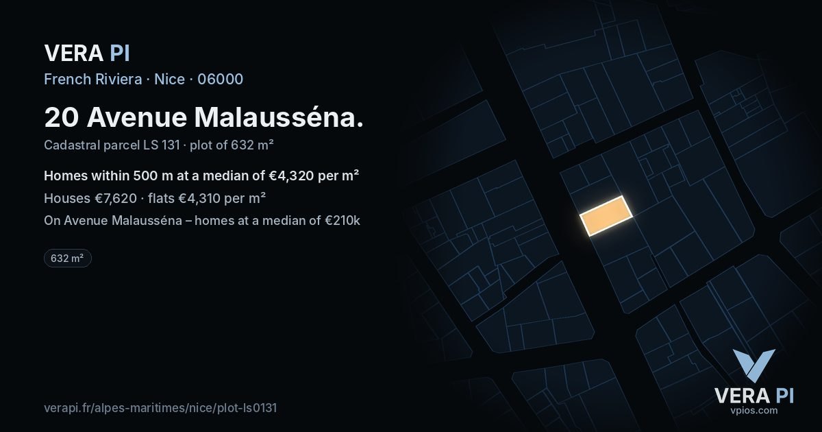 20 Avenue Malausséna, Nice at night – the plot lit, the parcels around coloured by the prices near them