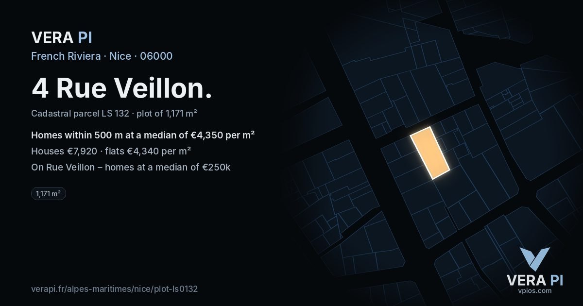 4 Rue Veillon, Nice at night – the plot lit, the parcels around coloured by the prices near them