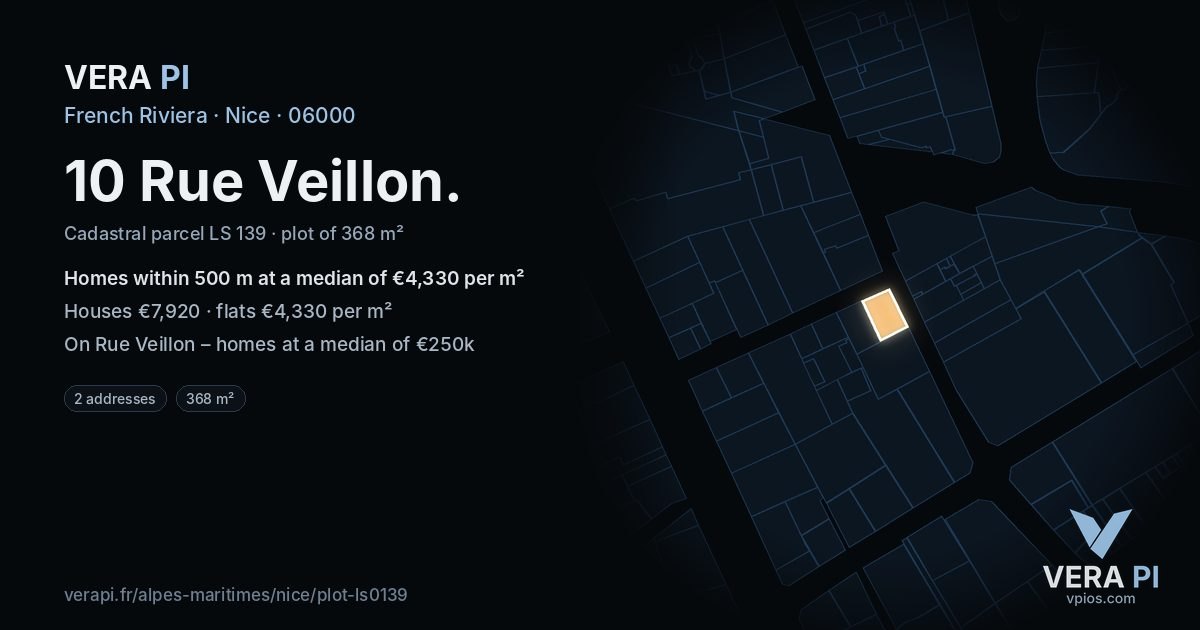 10 Rue Veillon, Nice at night – the plot lit, the parcels around coloured by the prices near them