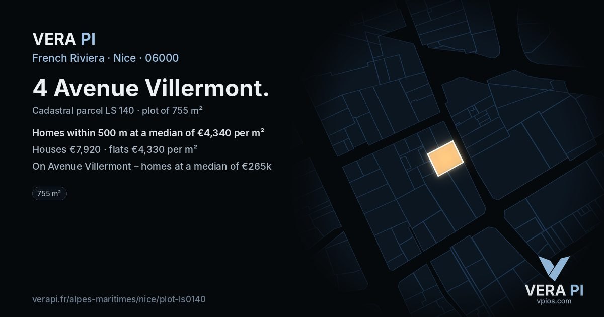 4 Avenue Villermont, Nice at night – the plot lit, the parcels around coloured by the prices near them
