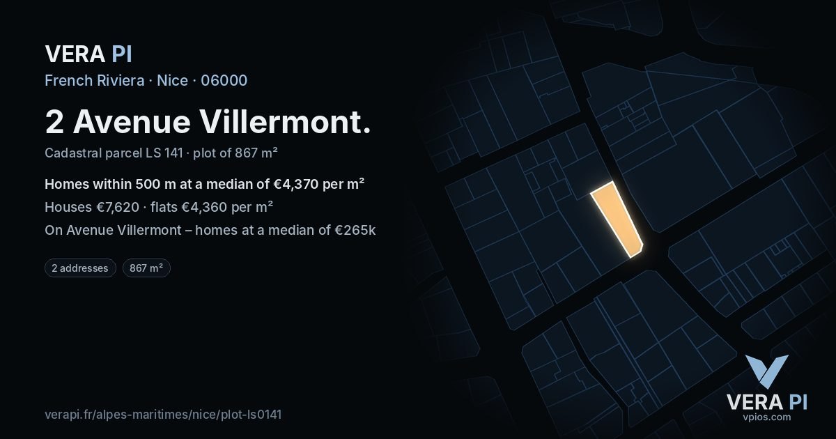 2 Avenue Villermont, Nice at night – the plot lit, the parcels around coloured by the prices near them