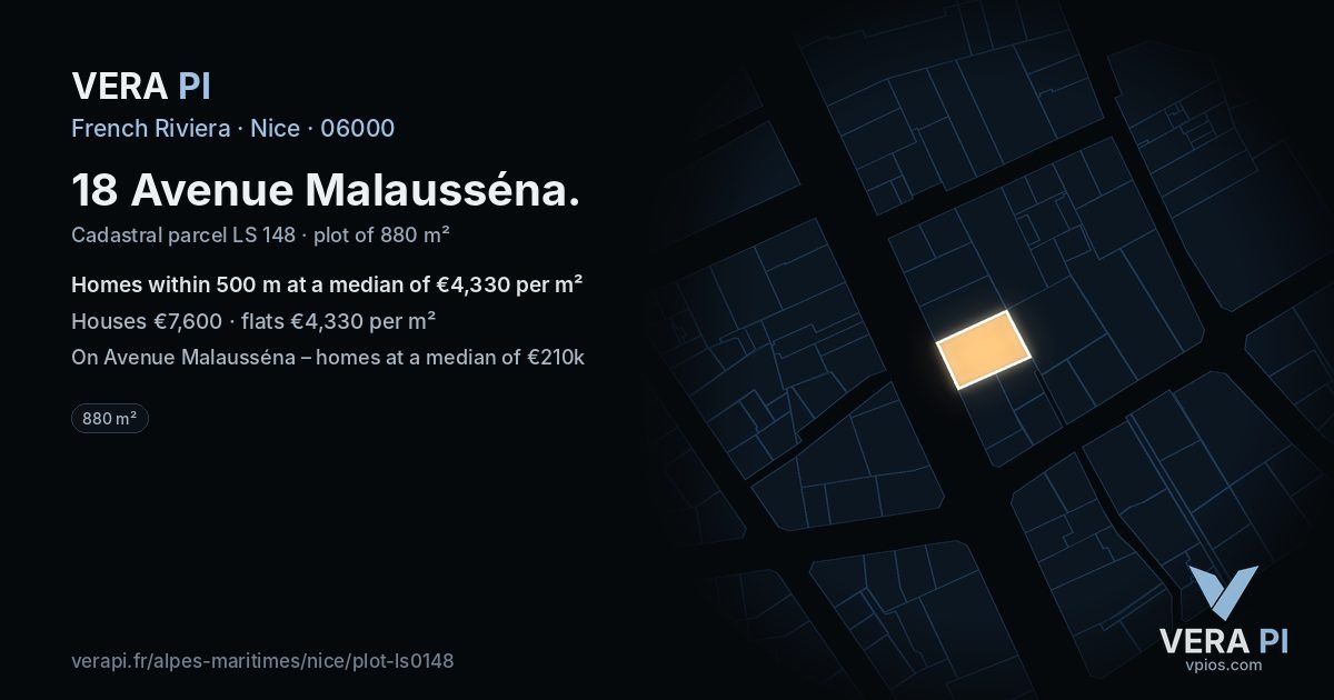 18 Avenue Malausséna, Nice at night – the plot lit, the parcels around coloured by the prices near them