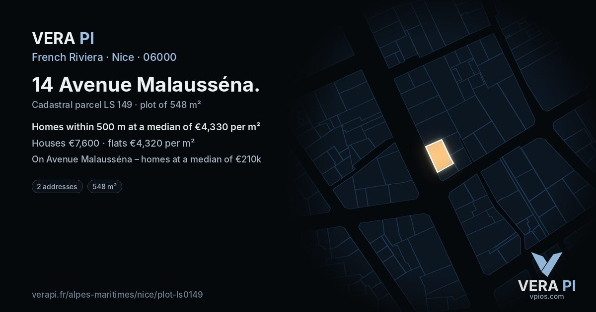 14 Avenue Malausséna, Nice at night – the plot lit, the parcels around coloured by the prices near them