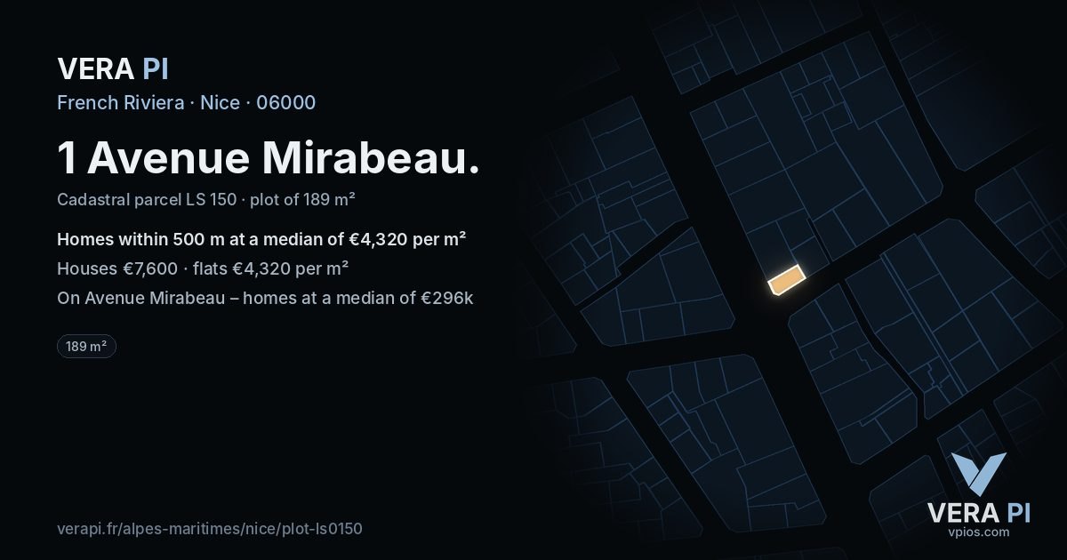 1 Avenue Mirabeau, Nice at night – the plot lit, the parcels around coloured by the prices near them
