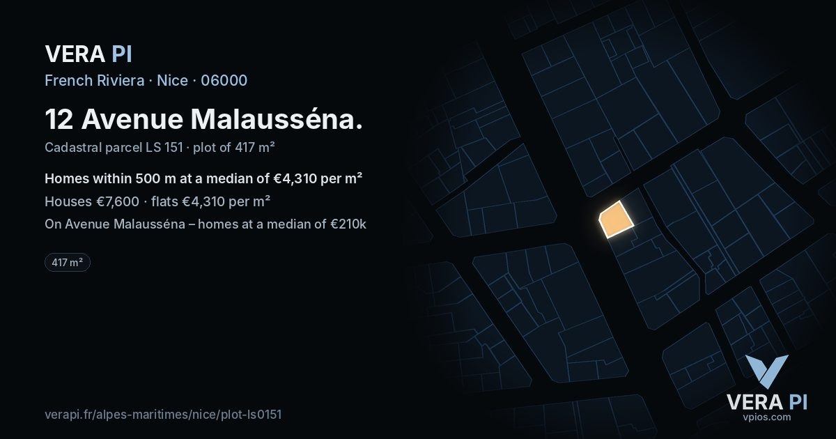 12 Avenue Malausséna, Nice at night – the plot lit, the parcels around coloured by the prices near them