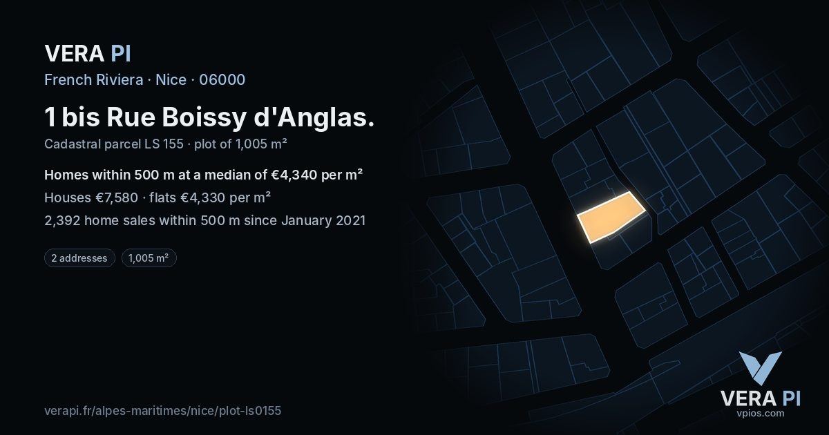 1 bis Rue Boissy d'Anglas, Nice at night – the plot lit, the parcels around coloured by the prices near them