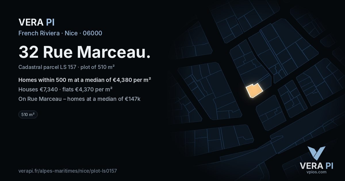 32 Rue Marceau, Nice at night – the plot lit, the parcels around coloured by the prices near them
