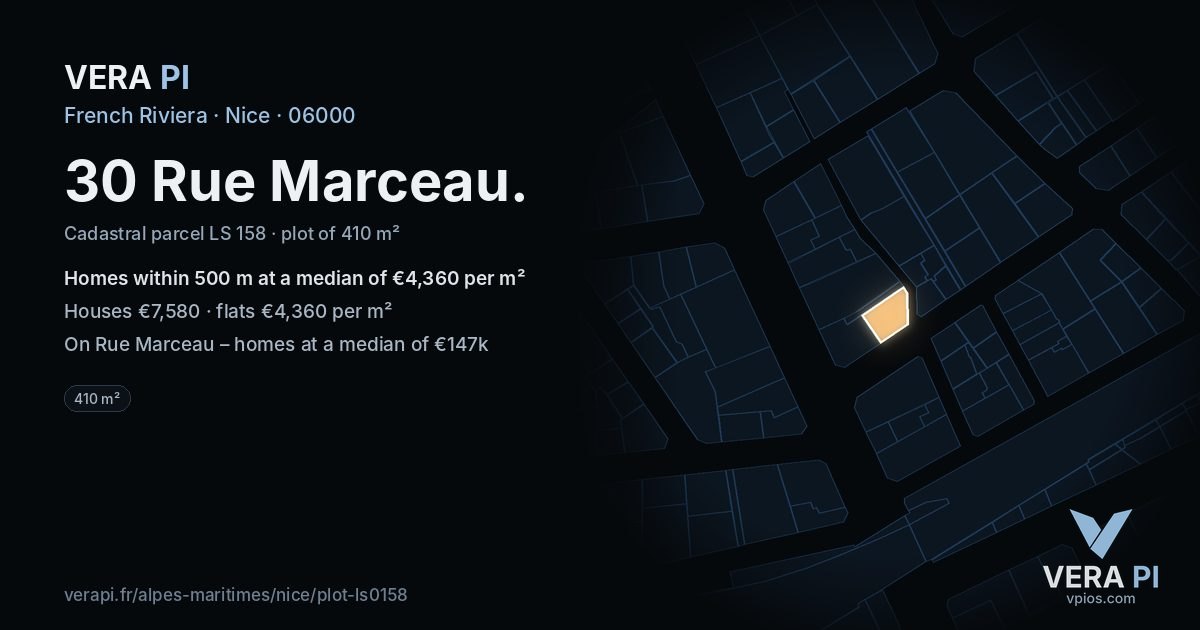 30 Rue Marceau, Nice at night – the plot lit, the parcels around coloured by the prices near them