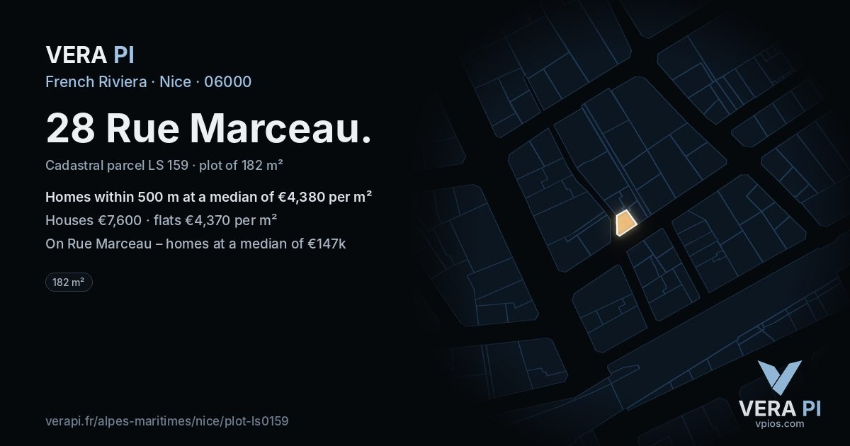 28 Rue Marceau, Nice at night – the plot lit, the parcels around coloured by the prices near them