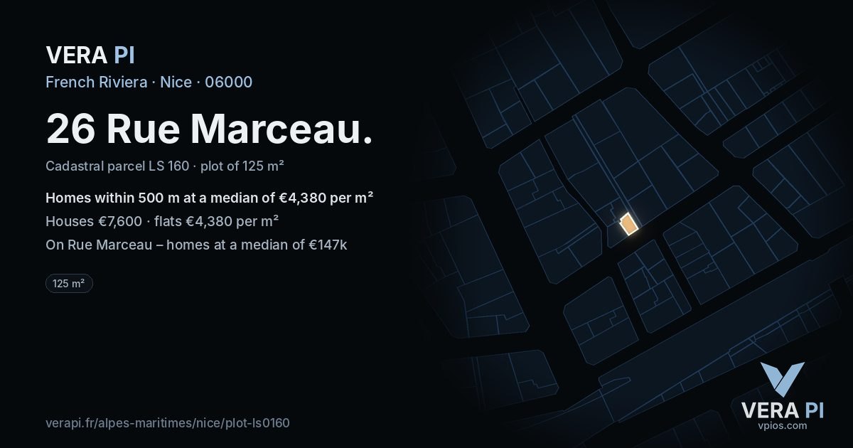 26 Rue Marceau, Nice at night – the plot lit, the parcels around coloured by the prices near them