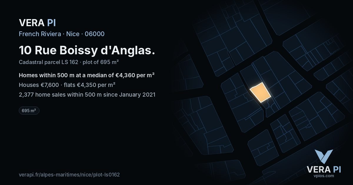 10 Rue Boissy d'Anglas, Nice at night – the plot lit, the parcels around coloured by the prices near them