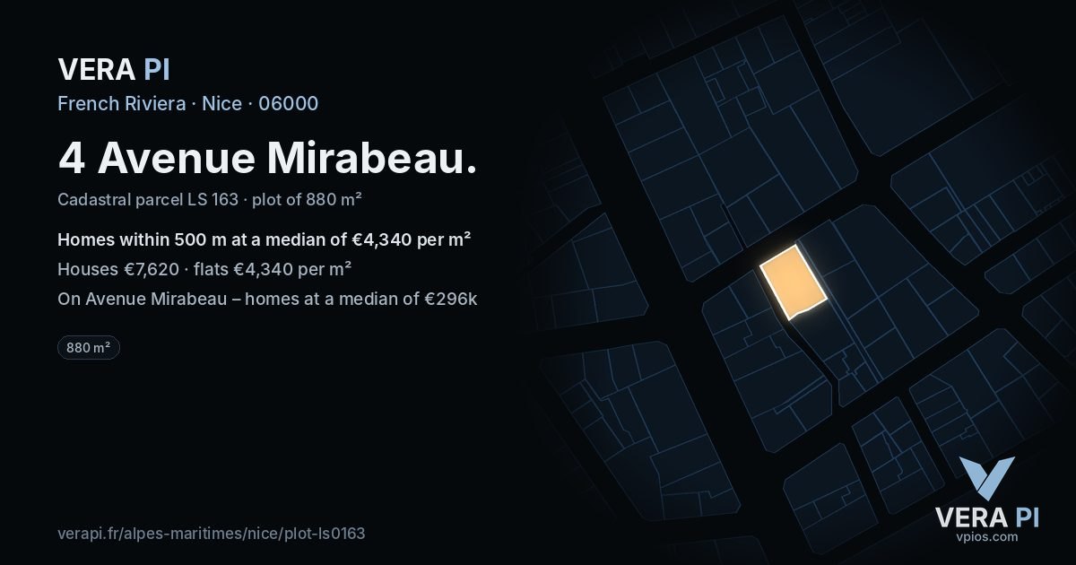 4 Avenue Mirabeau, Nice at night – the plot lit, the parcels around coloured by the prices near them