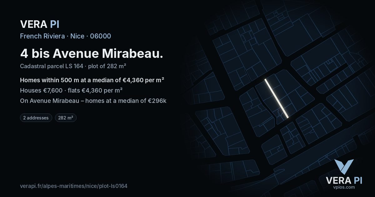 4 bis Avenue Mirabeau, Nice at night – the plot lit, the parcels around coloured by the prices near them