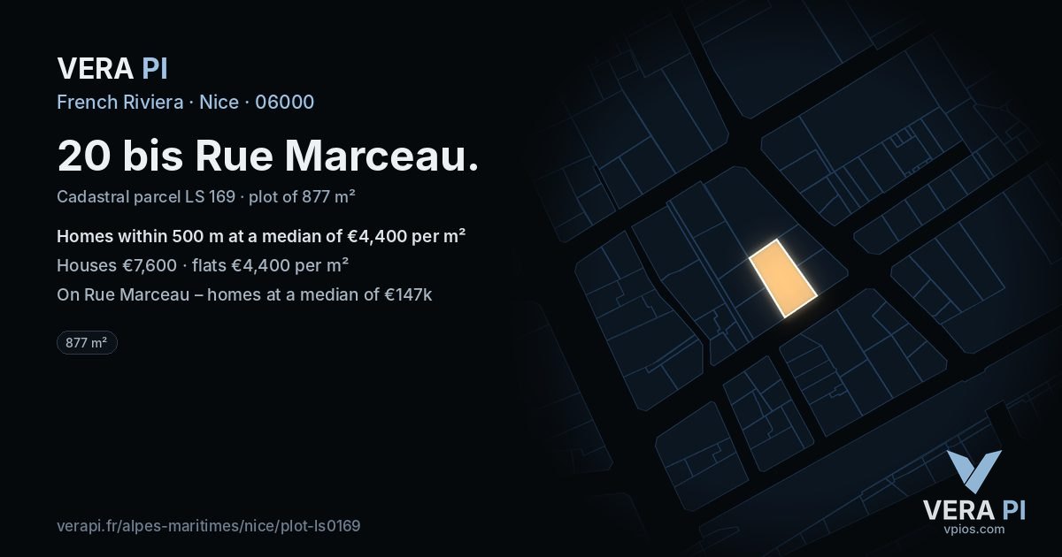 20 bis Rue Marceau, Nice at night – the plot lit, the parcels around coloured by the prices near them