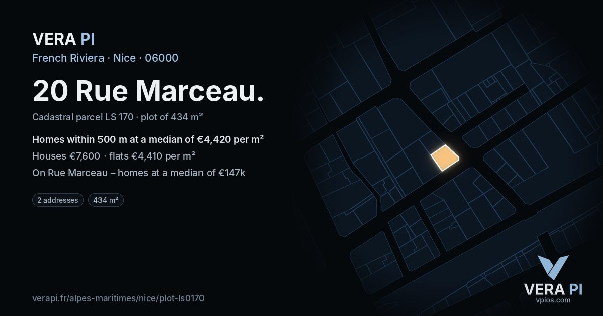 20 Rue Marceau, Nice at night – the plot lit, the parcels around coloured by the prices near them