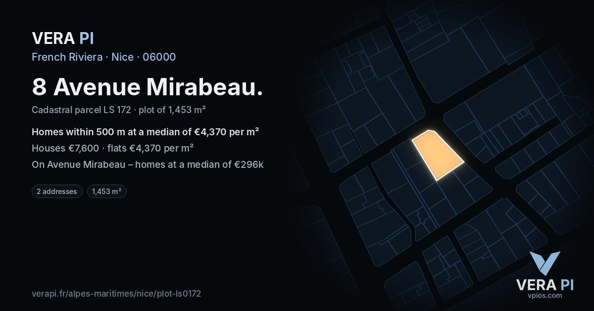 8 Avenue Mirabeau, Nice at night – the plot lit, the parcels around coloured by the prices near them