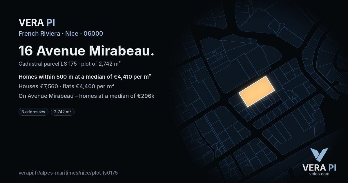16 Avenue Mirabeau, Nice at night – the plot lit, the parcels around coloured by the prices near them