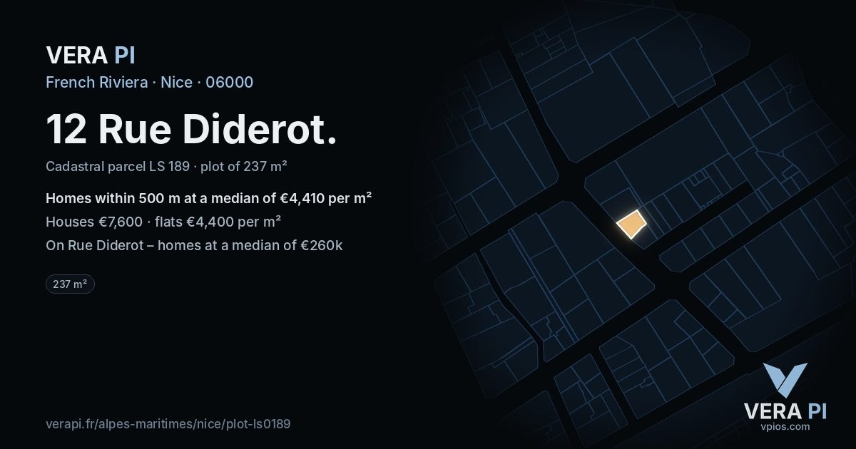 12 Rue Diderot, Nice at night – the plot lit, the parcels around coloured by the prices near them