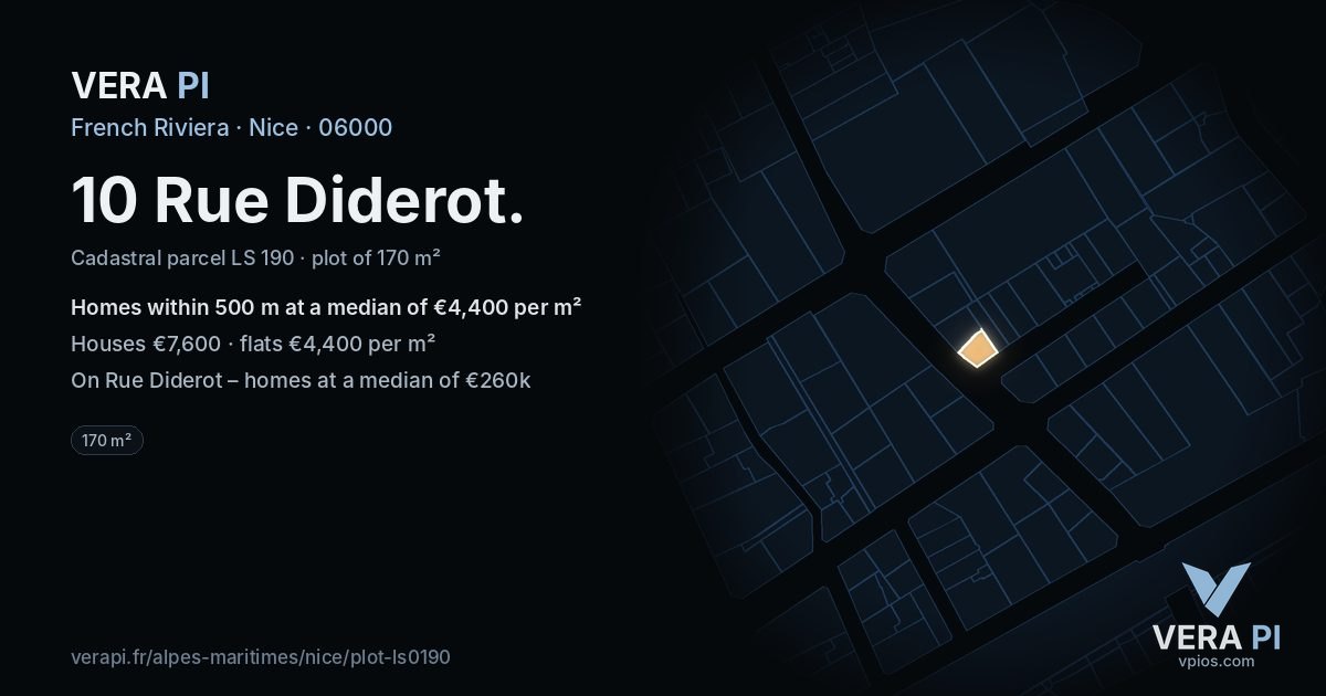10 Rue Diderot, Nice at night – the plot lit, the parcels around coloured by the prices near them