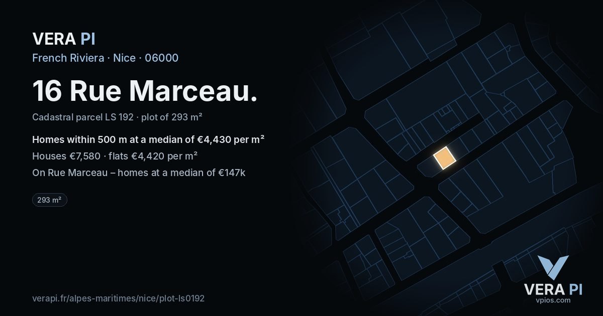 16 Rue Marceau, Nice at night – the plot lit, the parcels around coloured by the prices near them