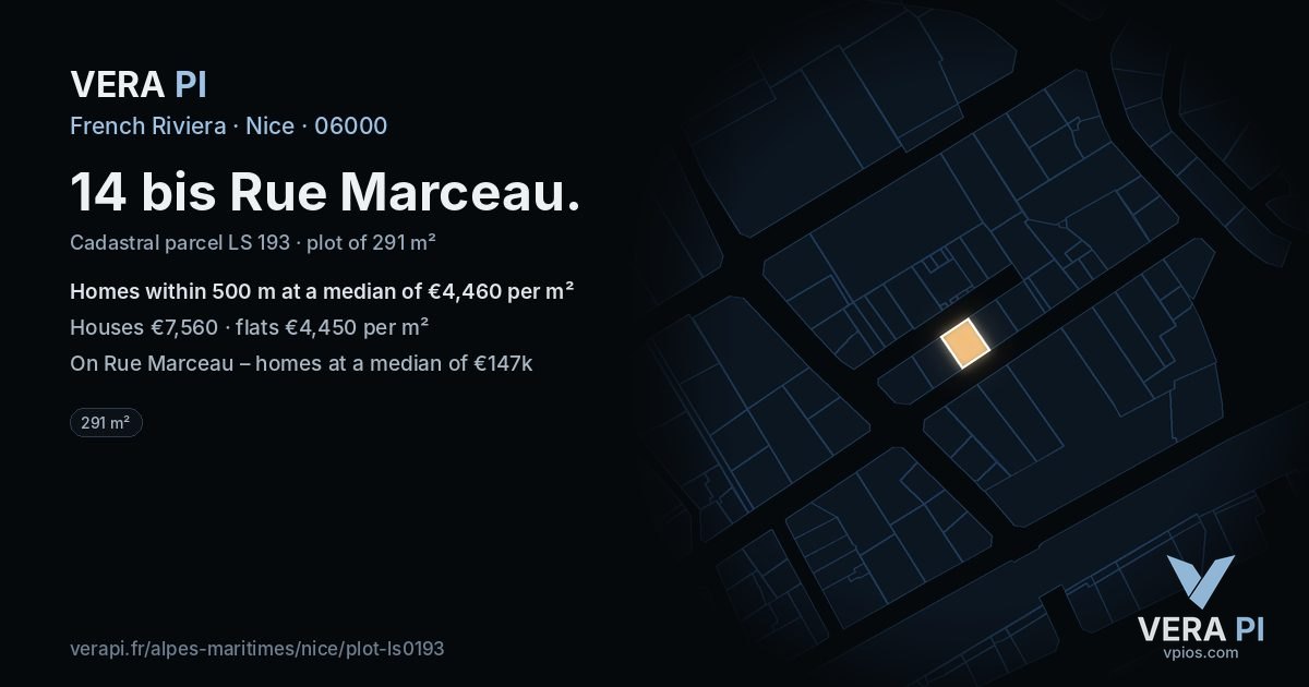 14 bis Rue Marceau, Nice at night – the plot lit, the parcels around coloured by the prices near them