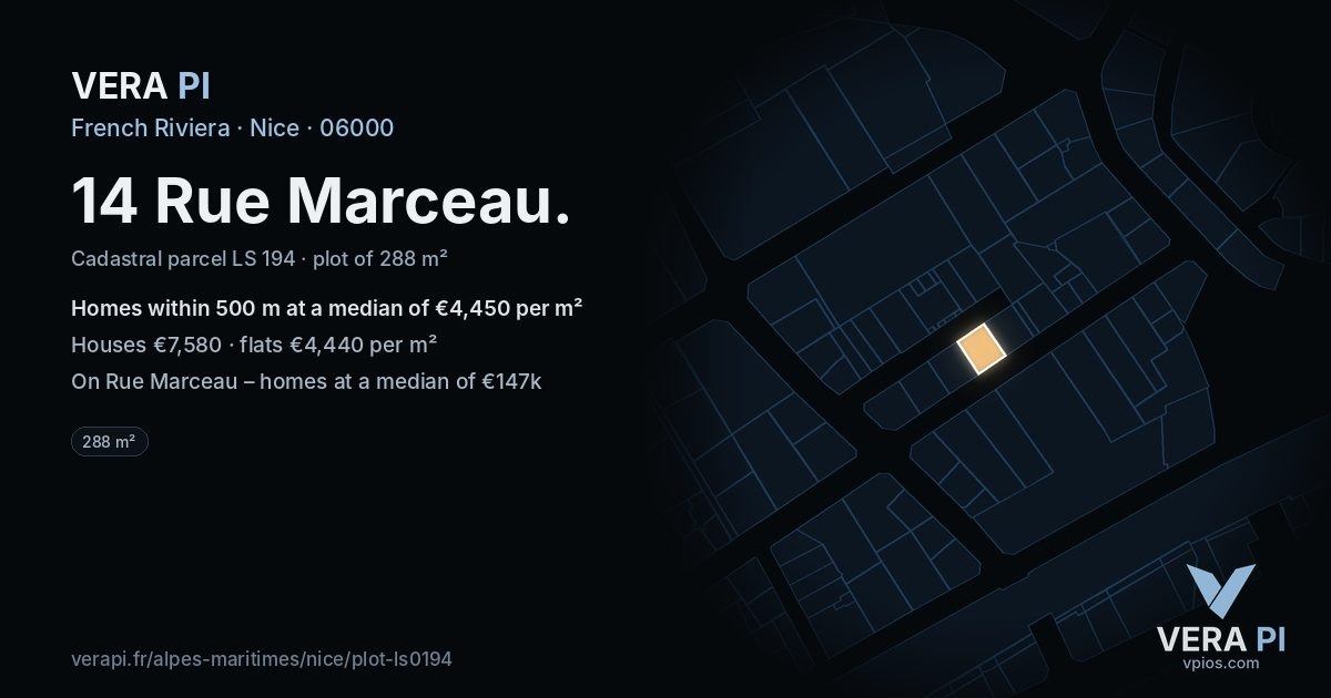 14 Rue Marceau, Nice at night – the plot lit, the parcels around coloured by the prices near them