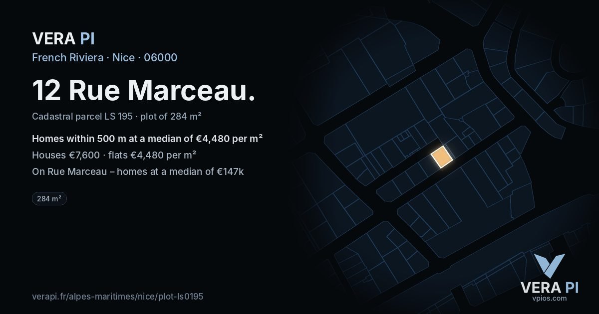 12 Rue Marceau, Nice at night – the plot lit, the parcels around coloured by the prices near them