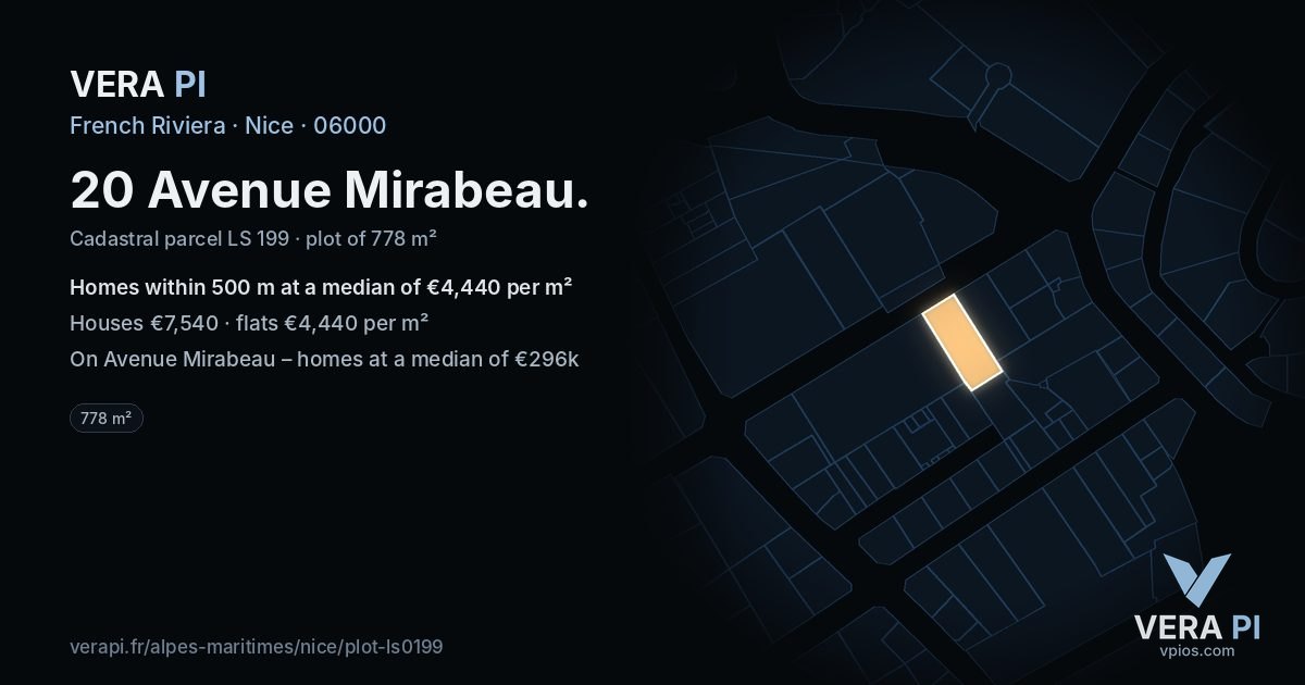20 Avenue Mirabeau, Nice at night – the plot lit, the parcels around coloured by the prices near them