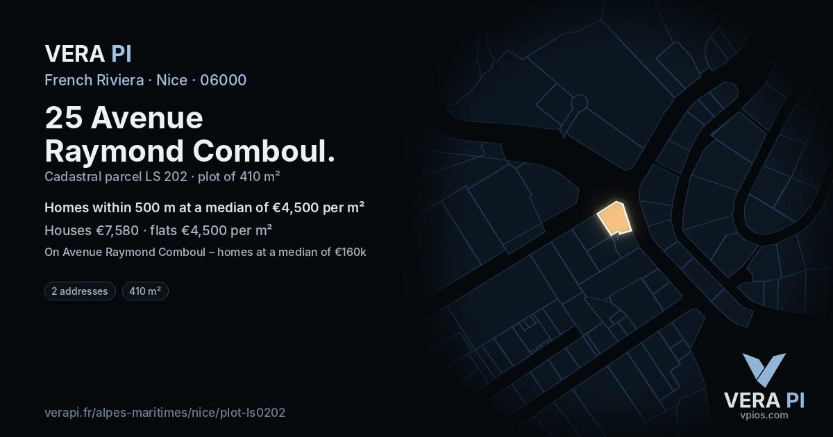 25 Avenue Raymond Comboul, Nice at night – the plot lit, the parcels around coloured by the prices near them