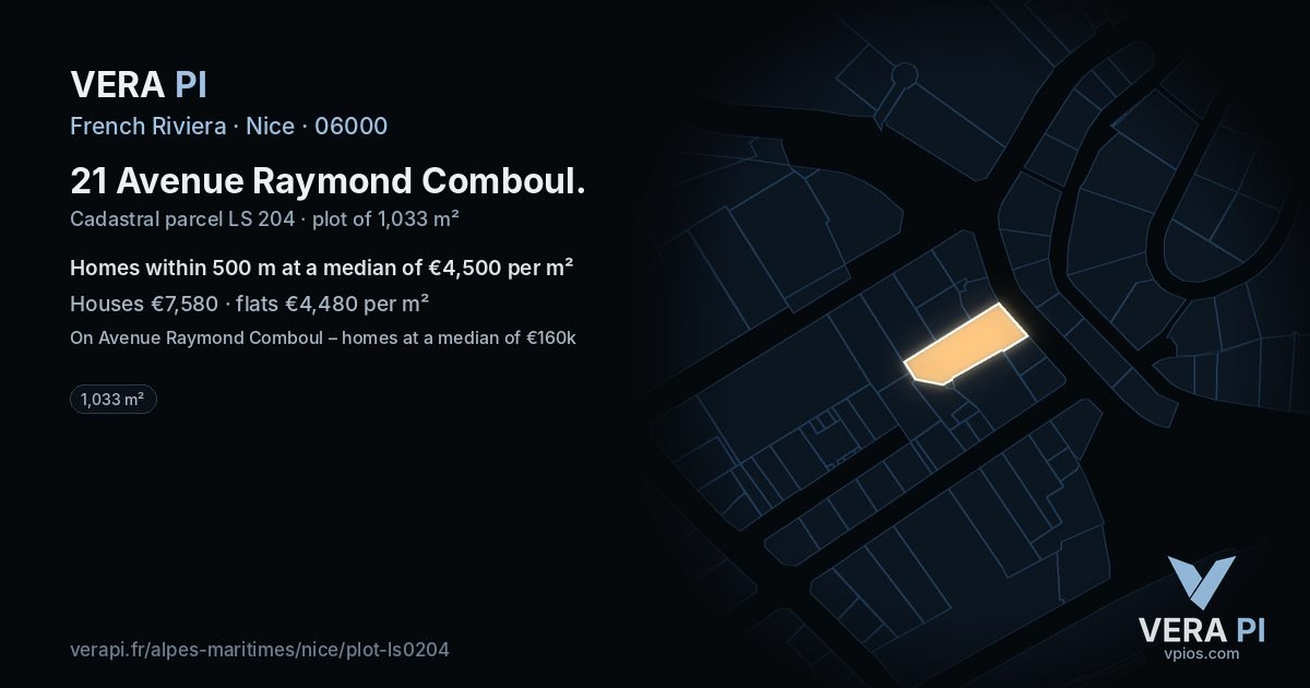 21 Avenue Raymond Comboul, Nice at night – the plot lit, the parcels around coloured by the prices near them