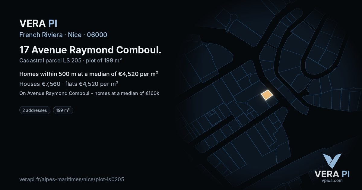 17 Avenue Raymond Comboul, Nice at night – the plot lit, the parcels around coloured by the prices near them