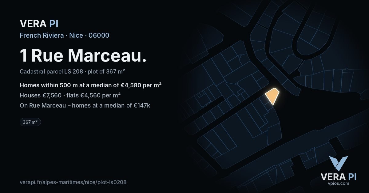 1 Rue Marceau, Nice at night – the plot lit, the parcels around coloured by the prices near them