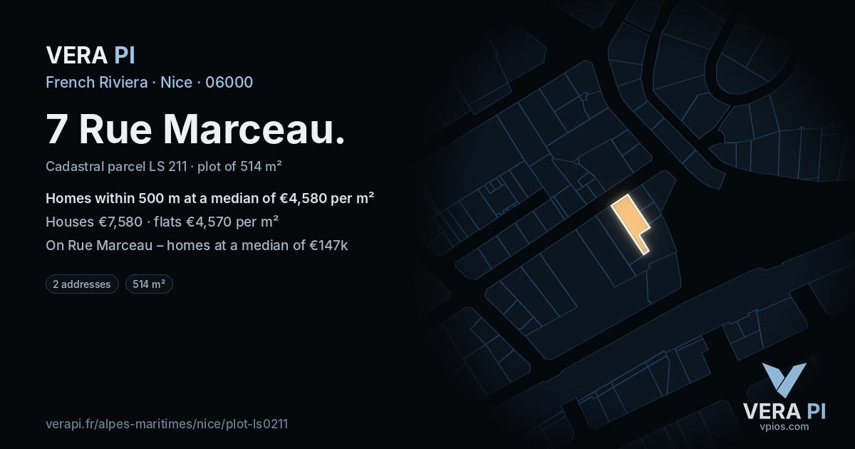 7 Rue Marceau, Nice at night – the plot lit, the parcels around coloured by the prices near them