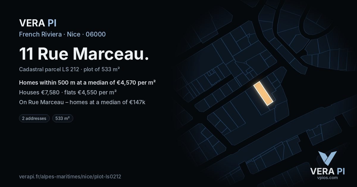 11 Rue Marceau, Nice at night – the plot lit, the parcels around coloured by the prices near them