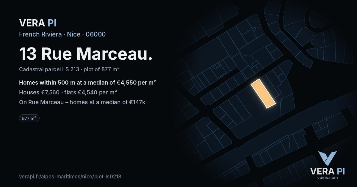 13 Rue Marceau, Nice at night – the plot lit, the parcels around coloured by the prices near them