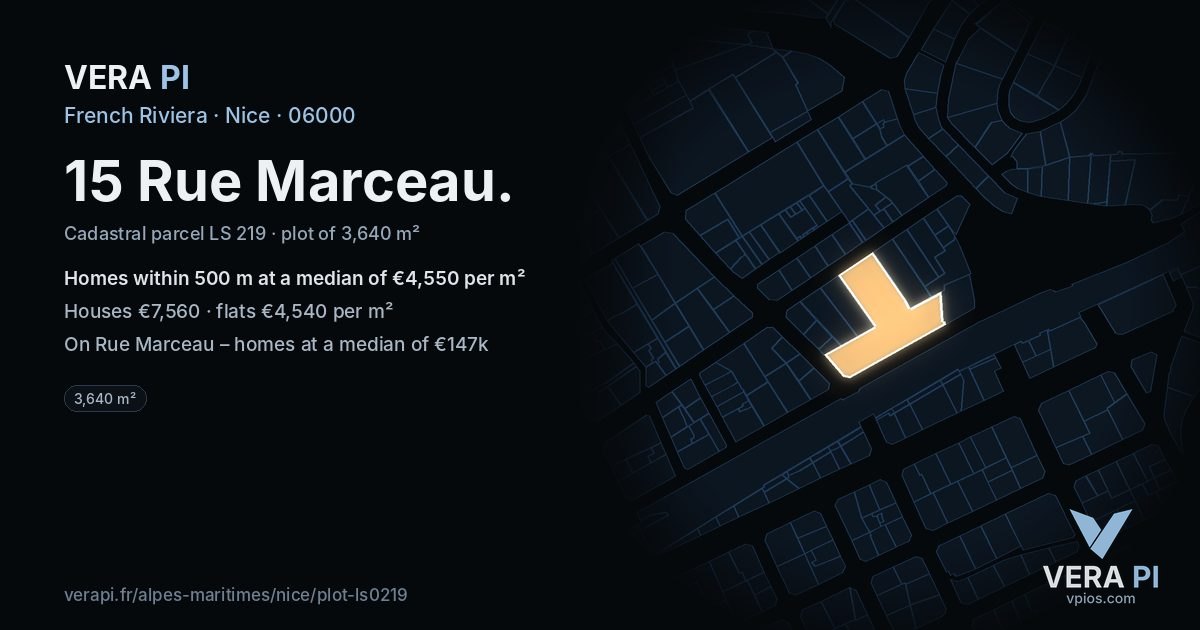 15 Rue Marceau, Nice at night – the plot lit, the parcels around coloured by the prices near them