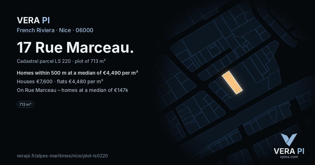 17 Rue Marceau, Nice at night – the plot lit, the parcels around coloured by the prices near them