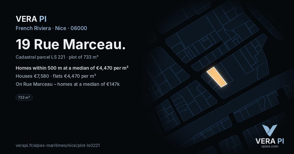 19 Rue Marceau, Nice at night – the plot lit, the parcels around coloured by the prices near them