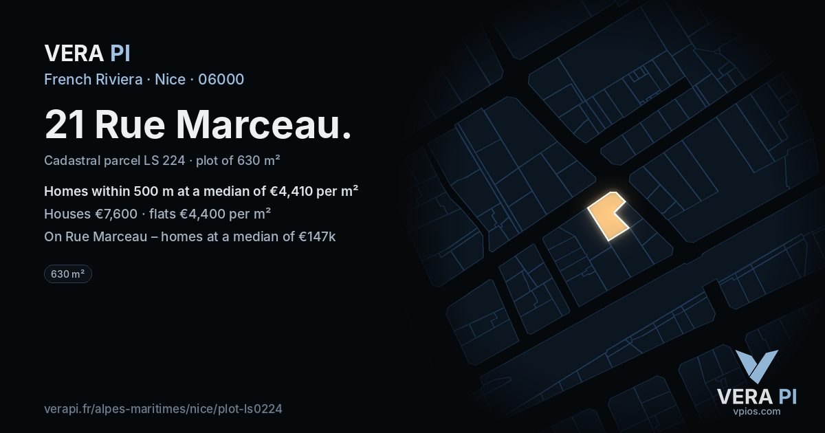 21 Rue Marceau, Nice at night – the plot lit, the parcels around coloured by the prices near them
