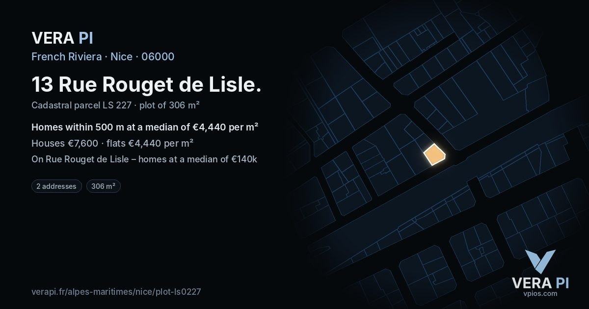 13 Rue Rouget de Lisle, Nice at night – the plot lit, the parcels around coloured by the prices near them