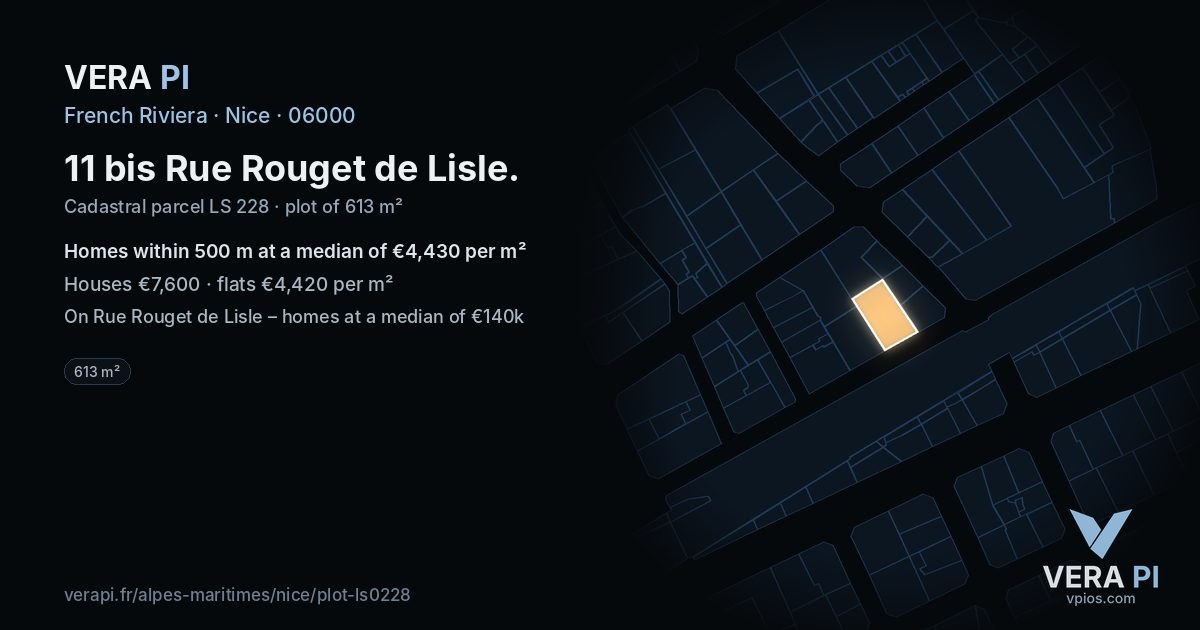 11 bis Rue Rouget de Lisle, Nice at night – the plot lit, the parcels around coloured by the prices near them