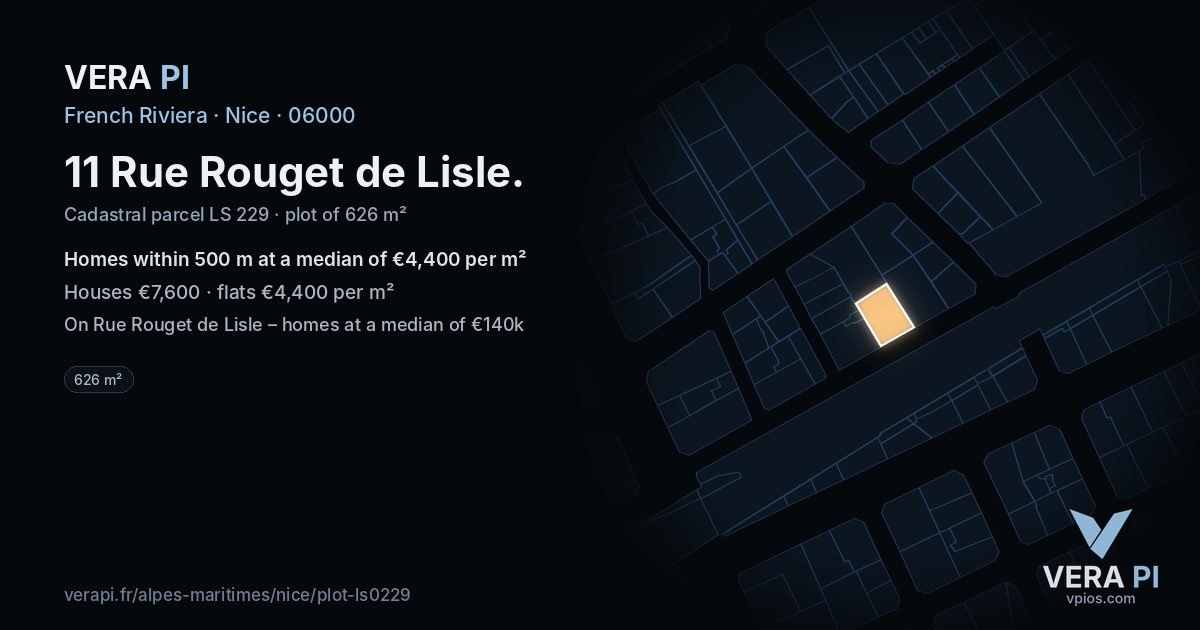 11 Rue Rouget de Lisle, Nice at night – the plot lit, the parcels around coloured by the prices near them